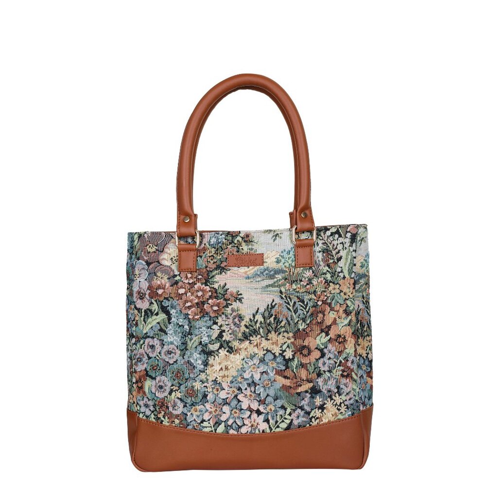 Women’s Botanical Tapestry Shoulder Tote Bag | Top Handle with Vegan Leather